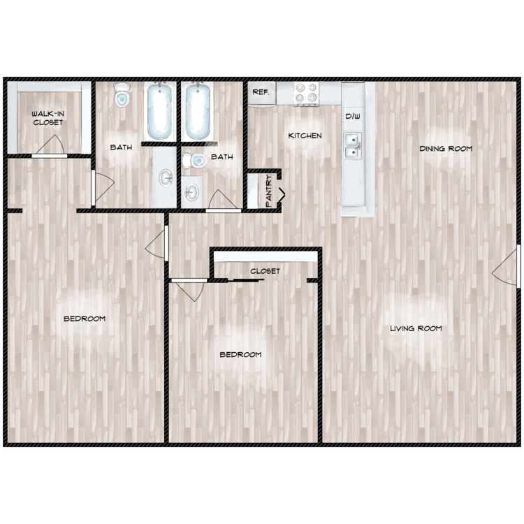 2 Bedroom 2 Bath Floor Plan at Boston Woods Apartments, San Antonio TX, TX, 78201